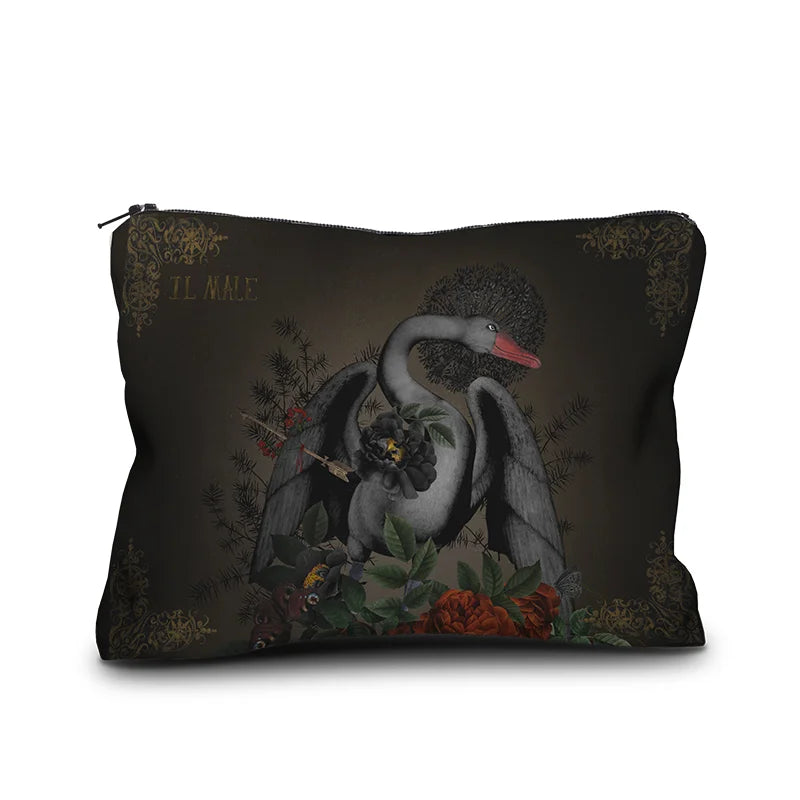 Accessory case with painting of black swan and flowers