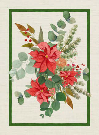 A green and red floral Christmas-themed tea towel.