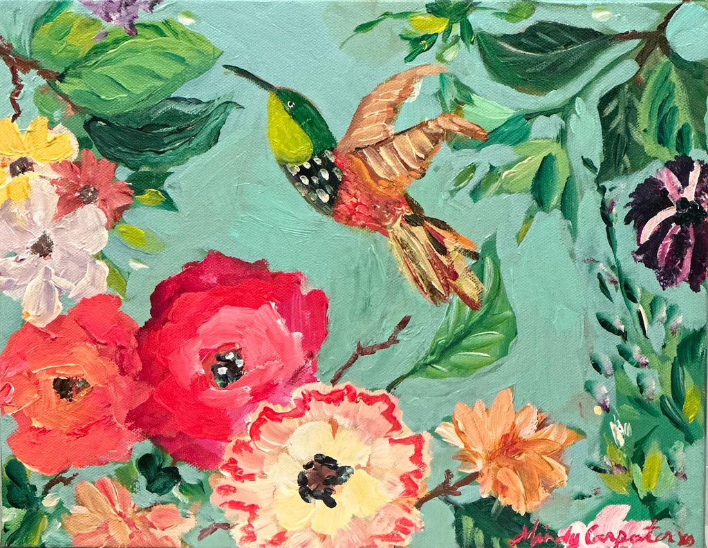 Painting of hummingbird with peonies against a turquoise background.