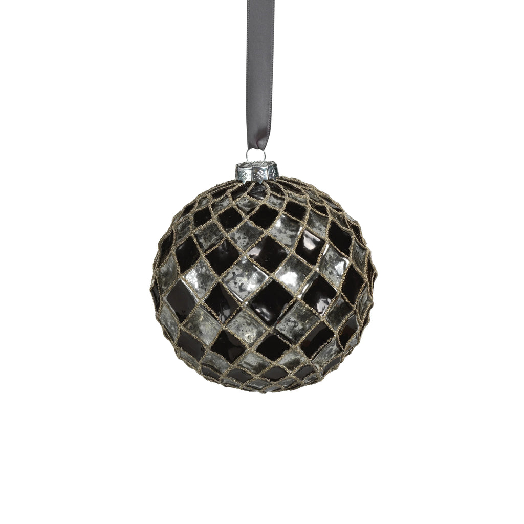 Harlequin Glass Ornament - Silver and Black hanging by a silver ribbon 