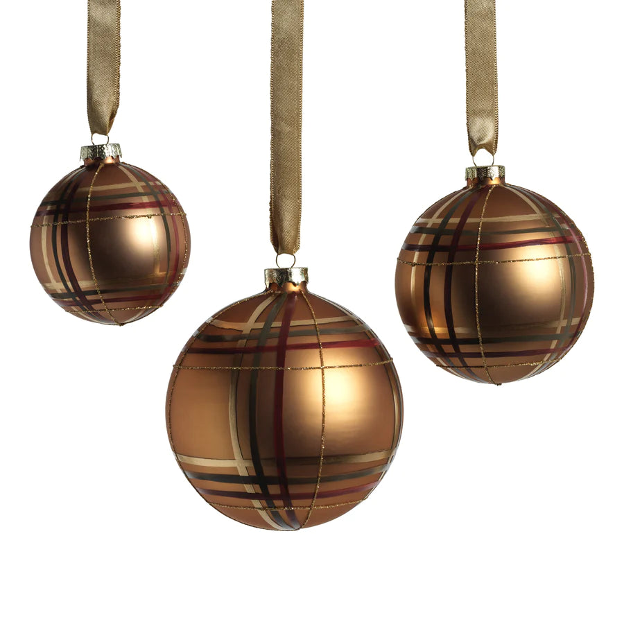 Plaid Metallic Glass Ball Ornament -3 sizes hanging from ribbons