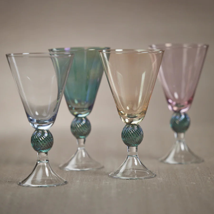 4 Cassis vintage stem glasses shown in different colours - light amber shown second from right