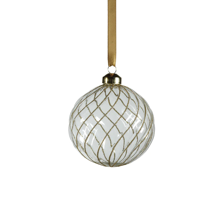 Swirl Glitter Ball Ornament - Clear and Gold hanging by a gold ribbon 