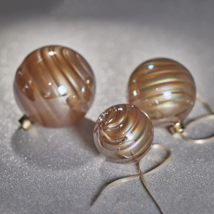 Pearl Luster Glass Ball Ornaments laying down 