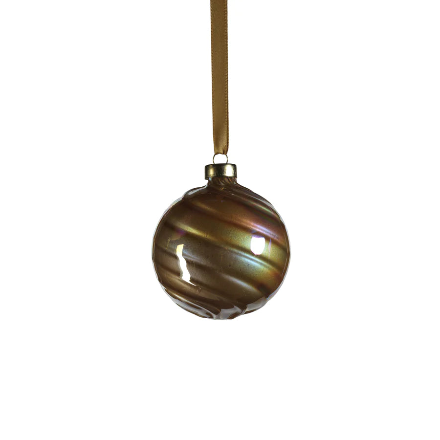 Pearl Luster Glass Ball Ornament hanging on a gold ribbon 