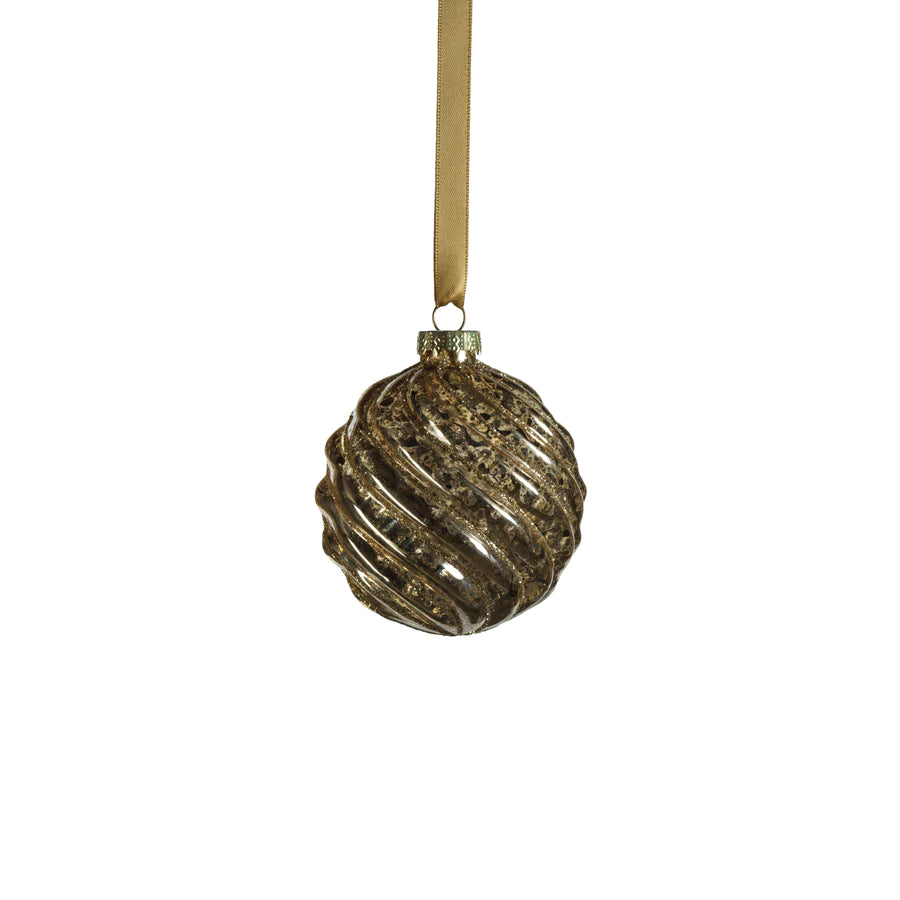 Antique Swirl with Glitter Glass Ball Ornament - Gold hanging by a gold ribbon 
