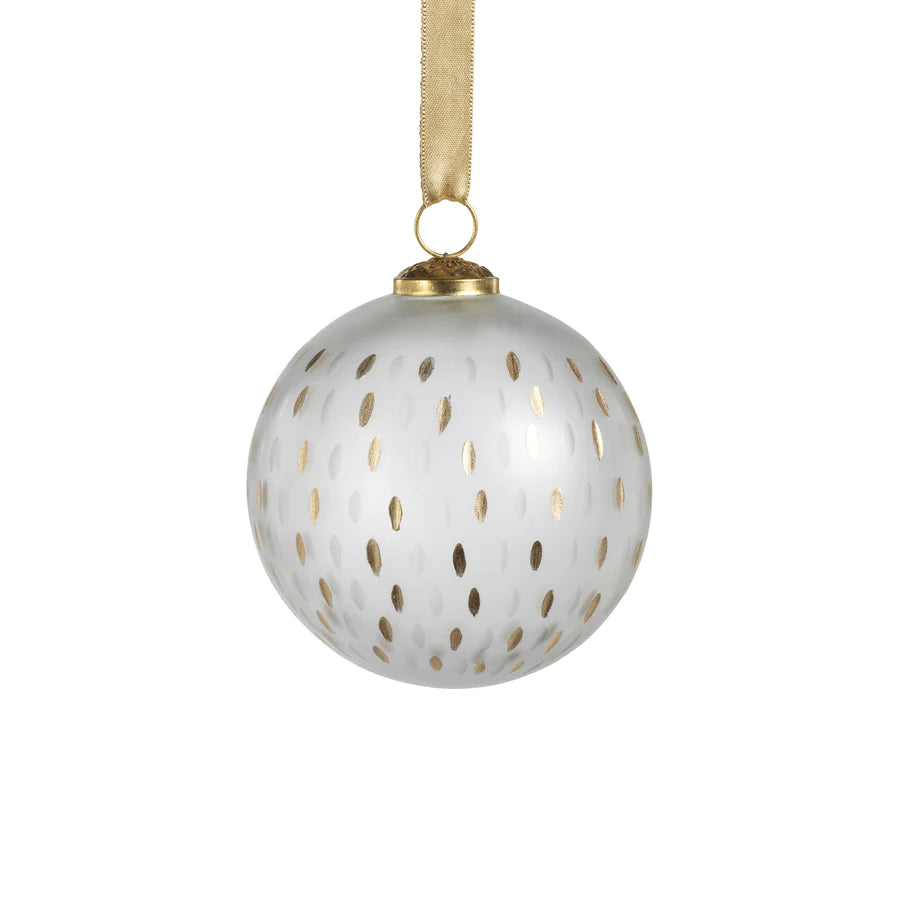 Frosted & Etched in Gold Glass Ornament hanging by gold ribbon 