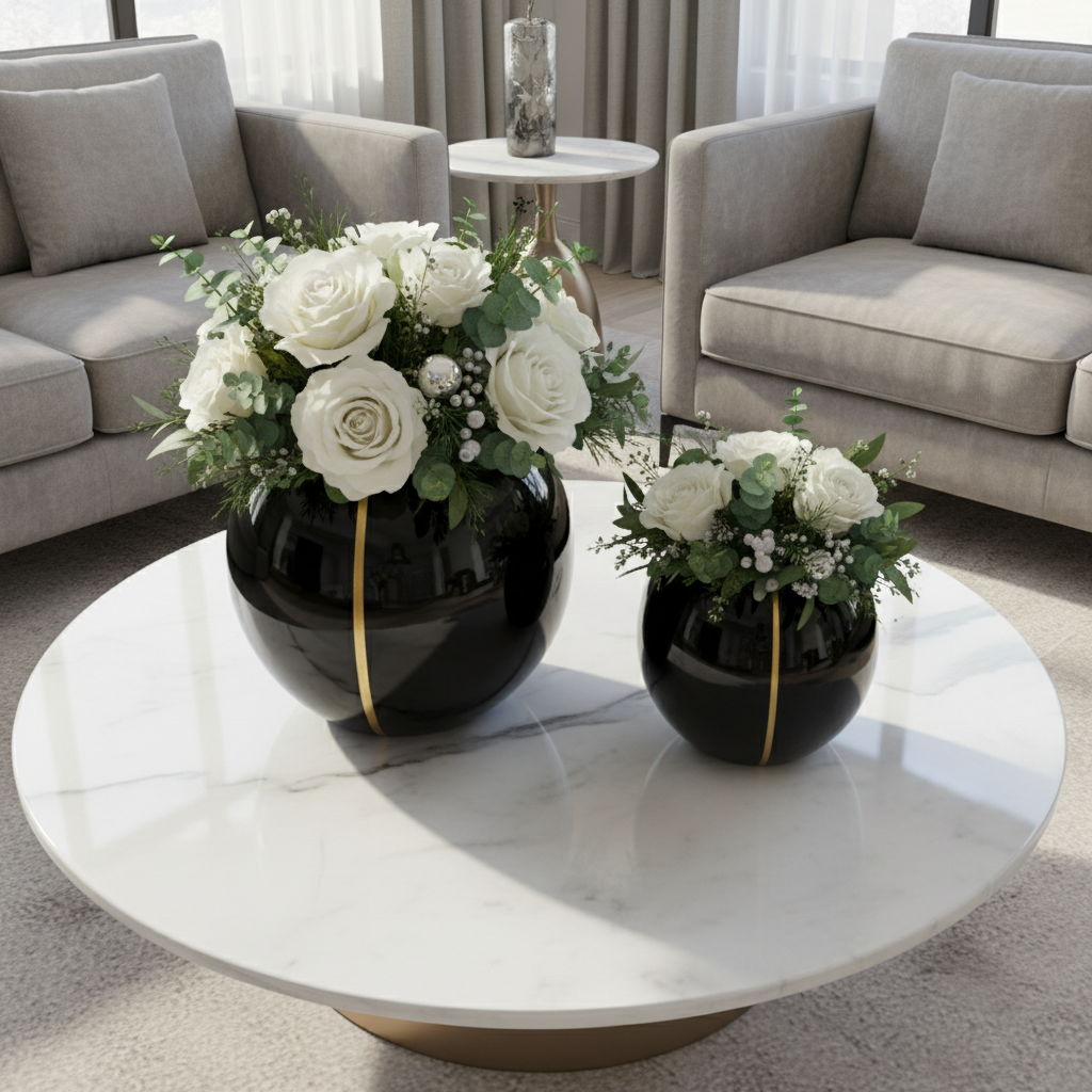 Two black vases with gold accents on a white background