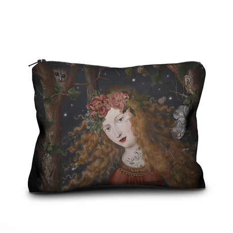 Accessory case with face of woman with flowing hair and flowers and an owl in a tree