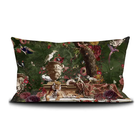 Decorative pillow with an opulent design featuring animals and flowers on a green background