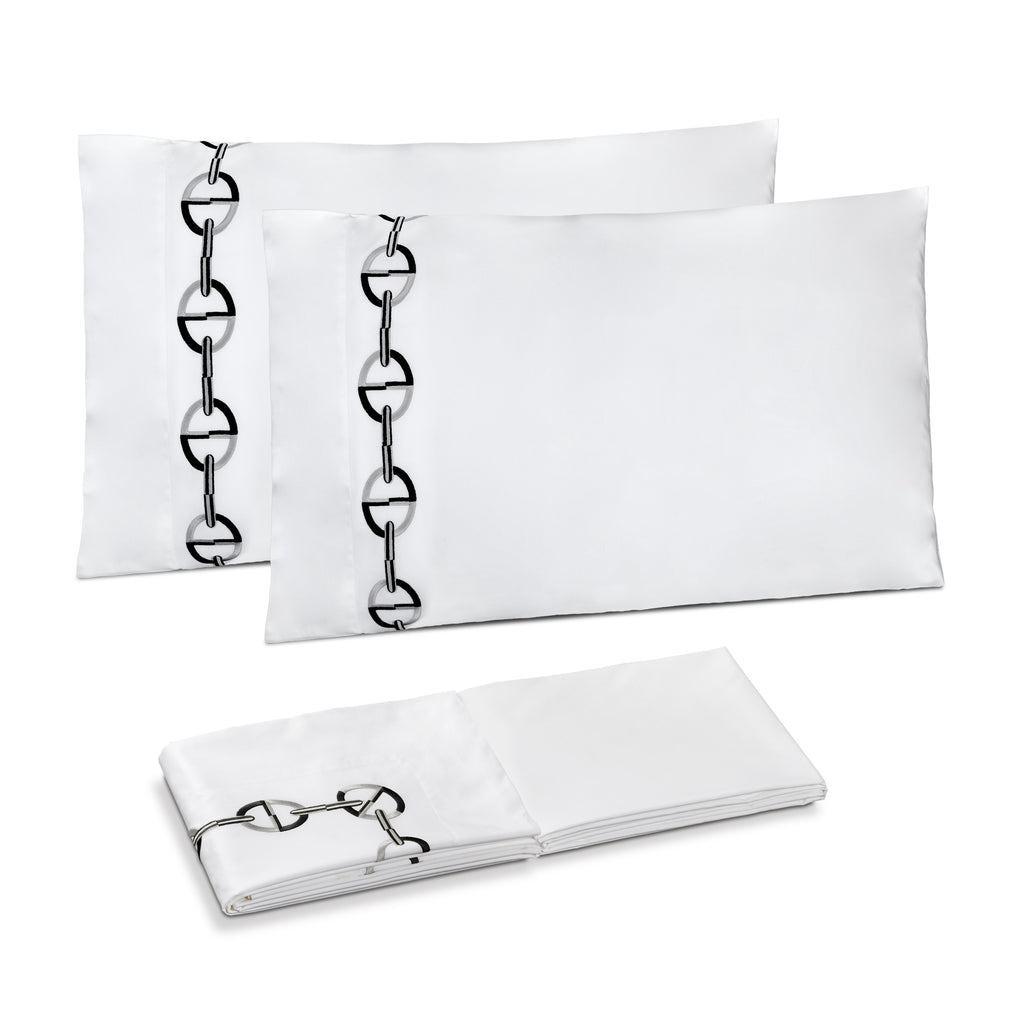 Chaine Embroidered Pillowcases and Top Sheet in White/Black