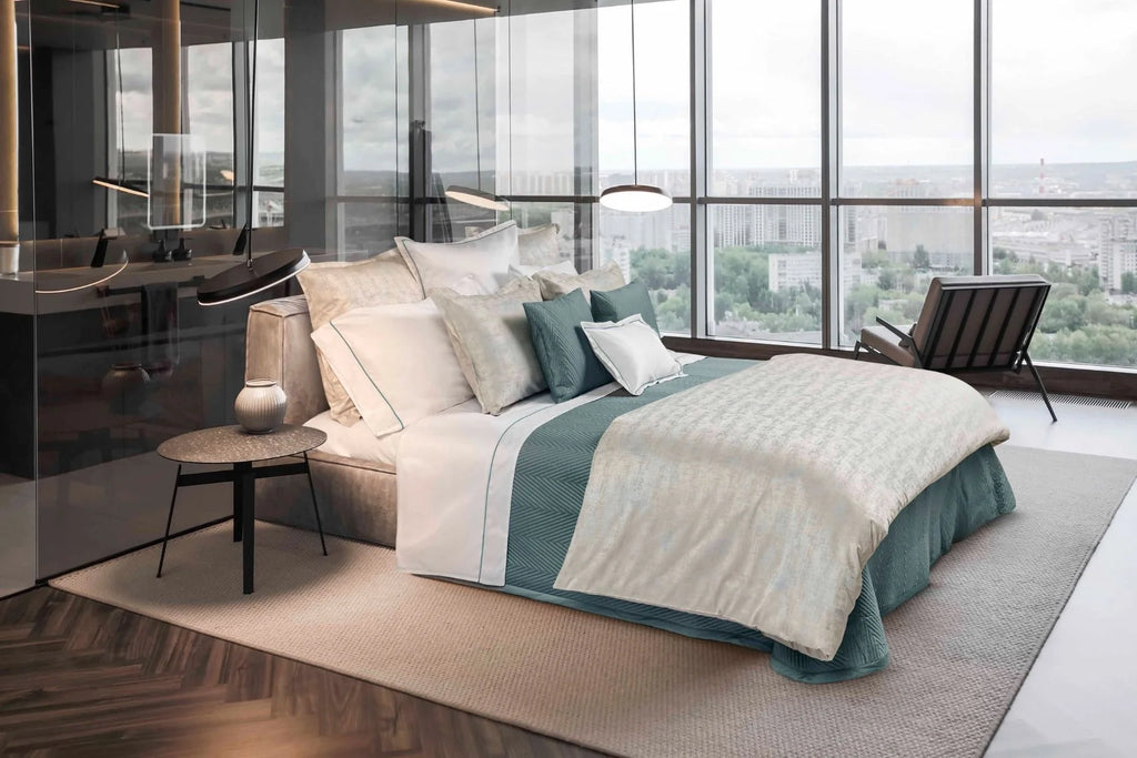 Barolo Beige/Wilton Blue bedding in modern urban bedroom.