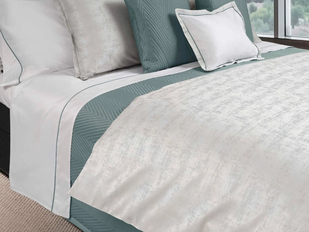 Barolo Beige/ Wilton Blue close up of duvet cover