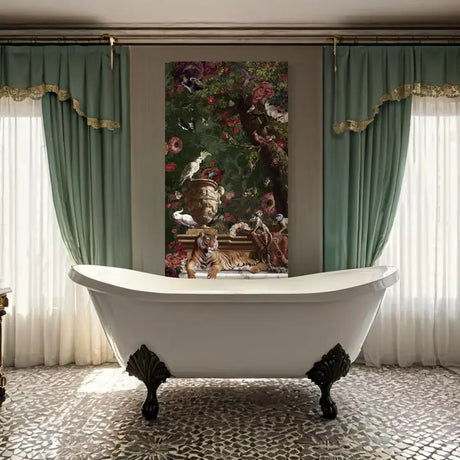 Decorative panel with tiger resting on a marble base, birds and flowers in front of a vintage-style bathtub and between two soft green curtain panels.