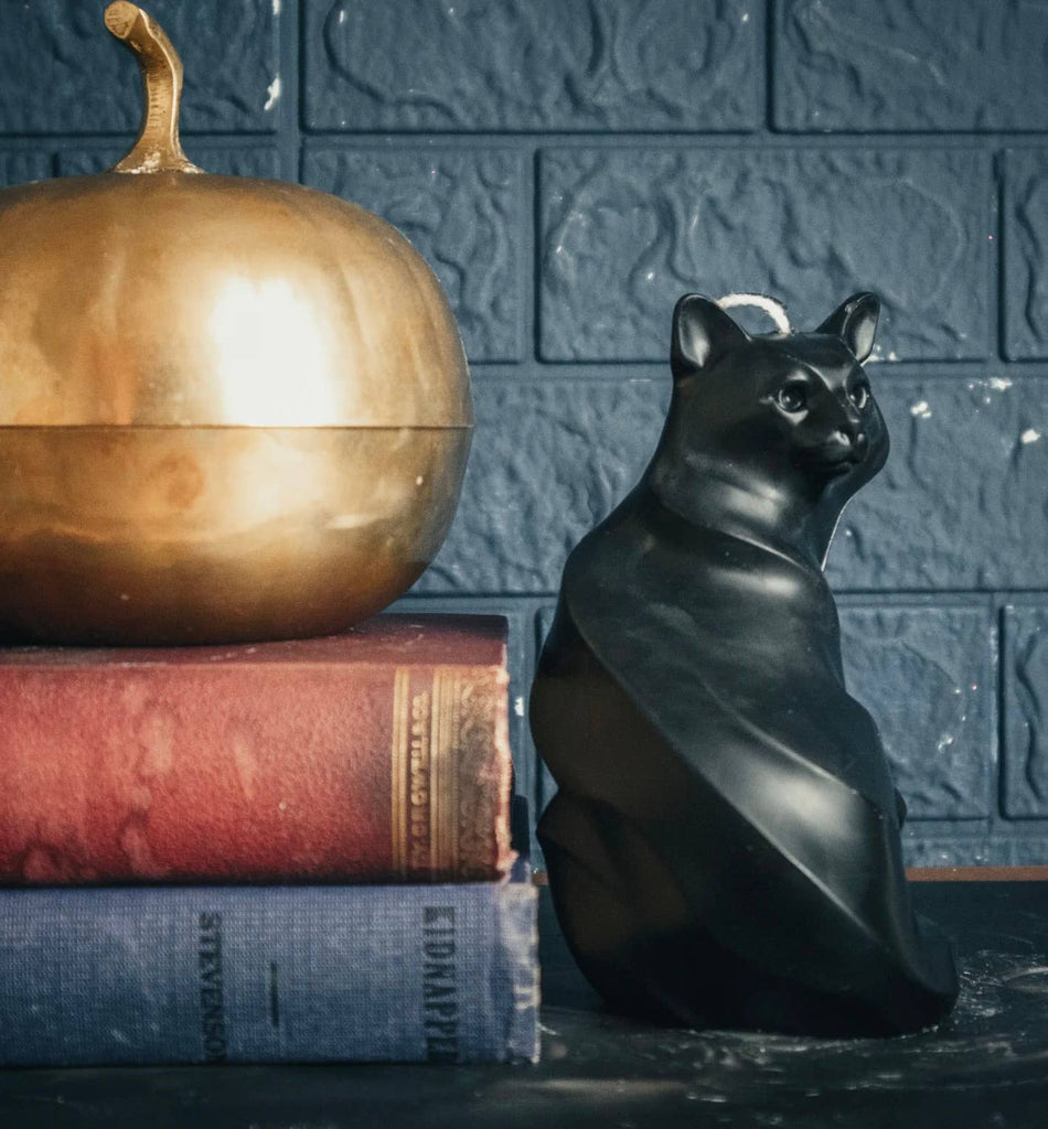 Black cat candle next to a brass pumpkin and books against a textured blue wall.