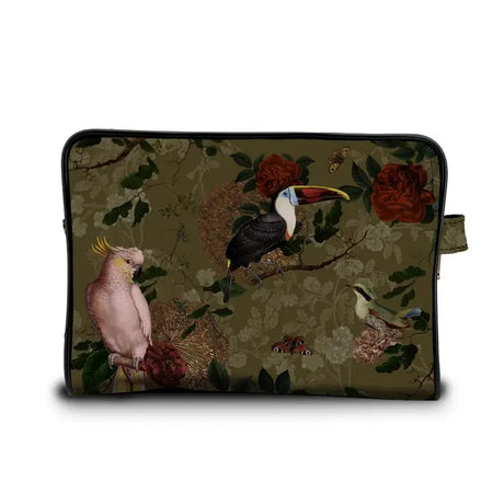 Floral toiletry bag with bird illustrations on a white background and handle on the side