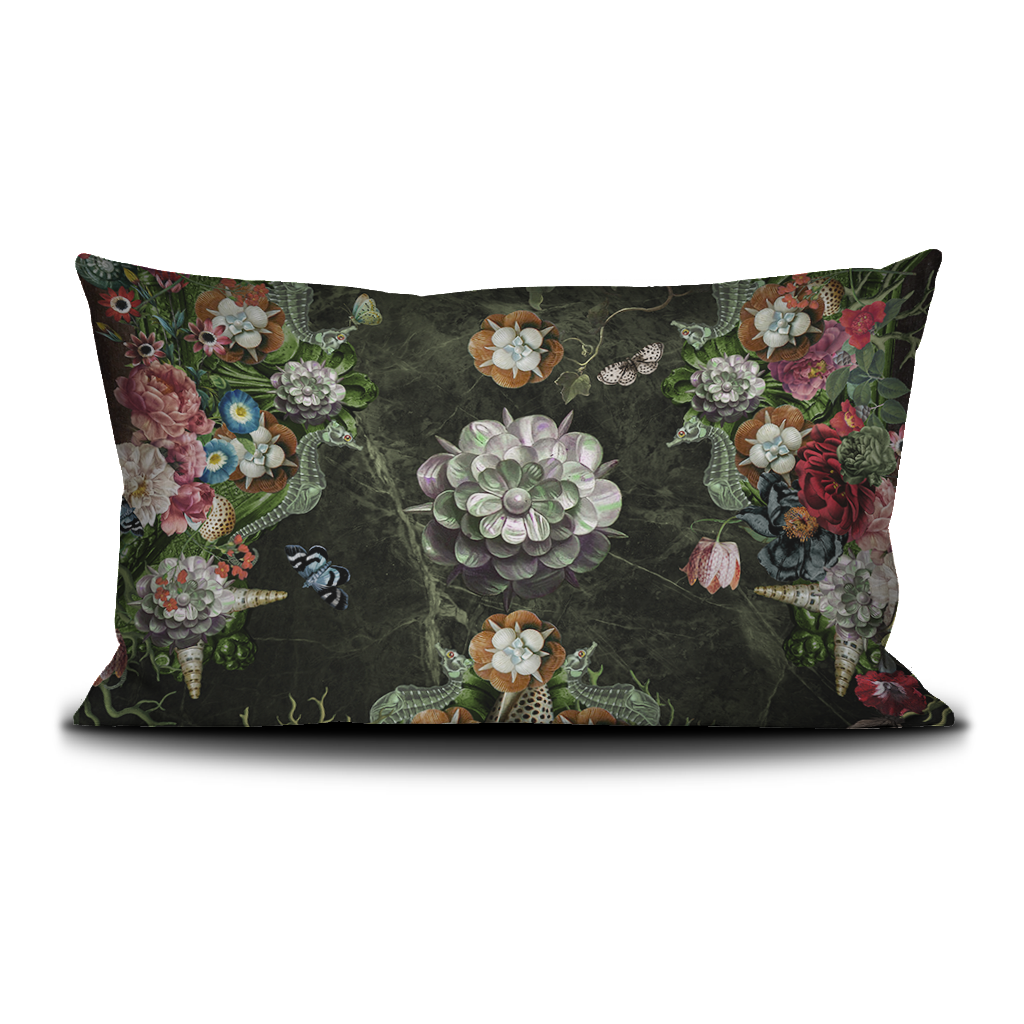 Decorative pillow with floral and butterfly pattern on a dark background