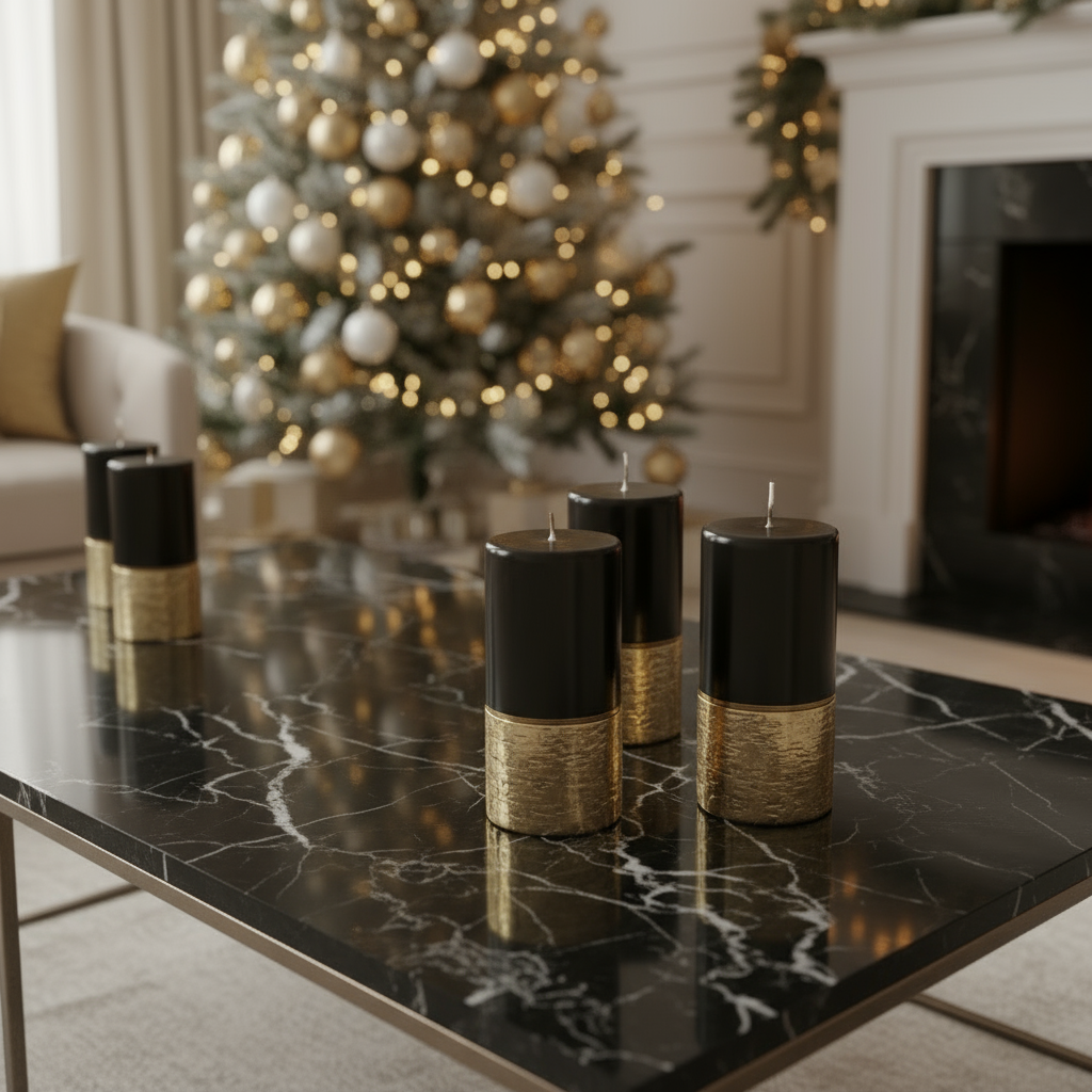 Metallic candle with gold sparkle details. 