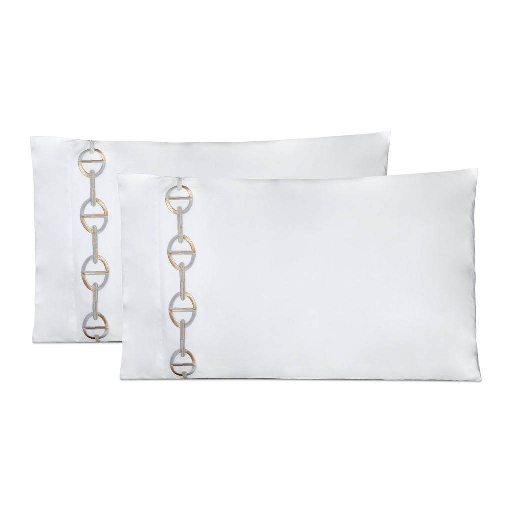 Chaine Embroidered Pillowcases in White/Moka