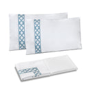 Fretwork Embroidered Pillowcases and Flat Sheet with White/ Aquamarine Embroidery