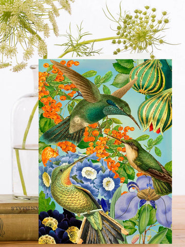 Decorative card with hummingbirds and flowers on a floral background