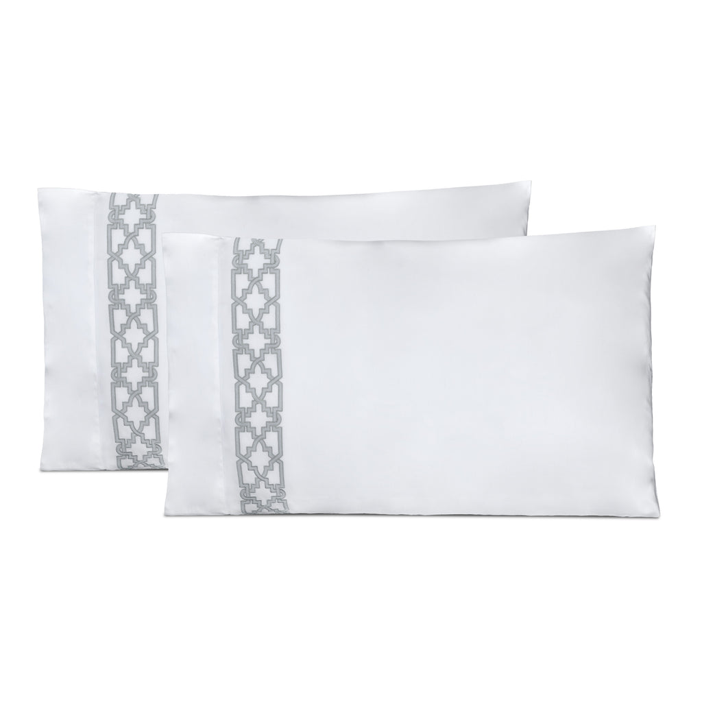 Fretwork Embroidered Pillowcases in White/Silver Grey Embroidery