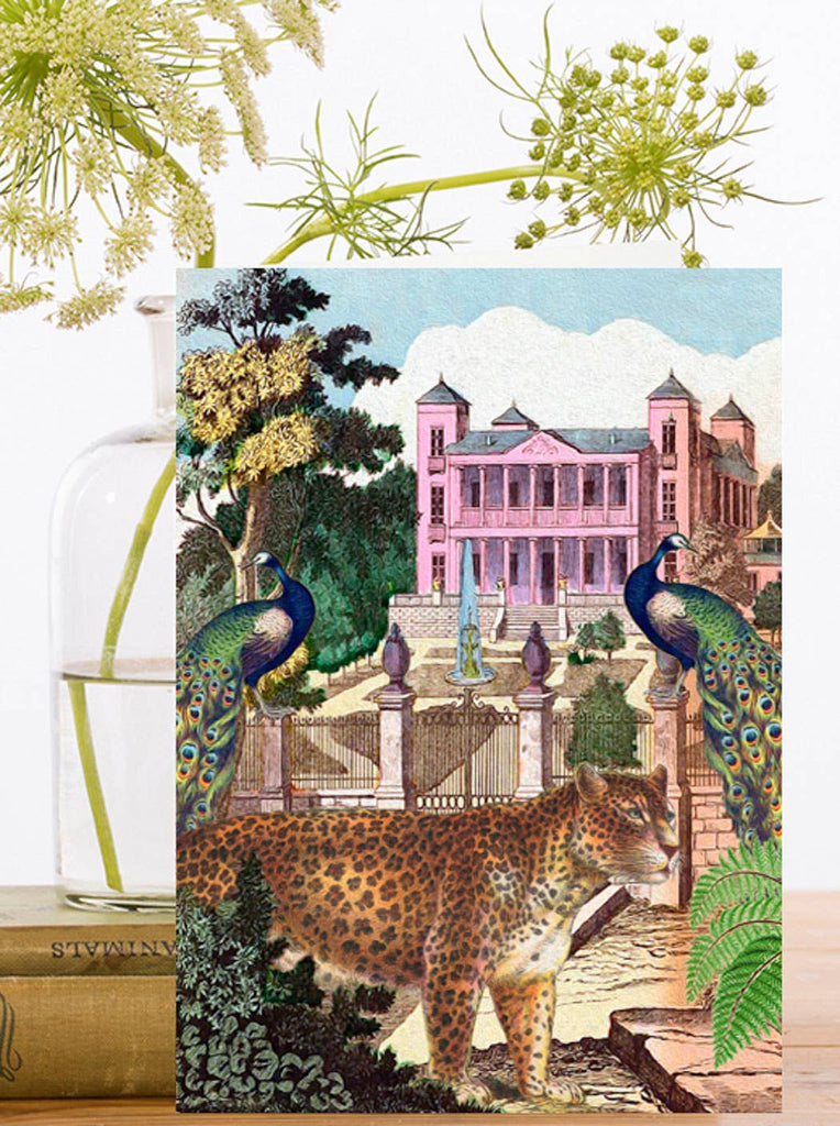 Decorative card with a leopard and peacocks in front of a pink mansion.
