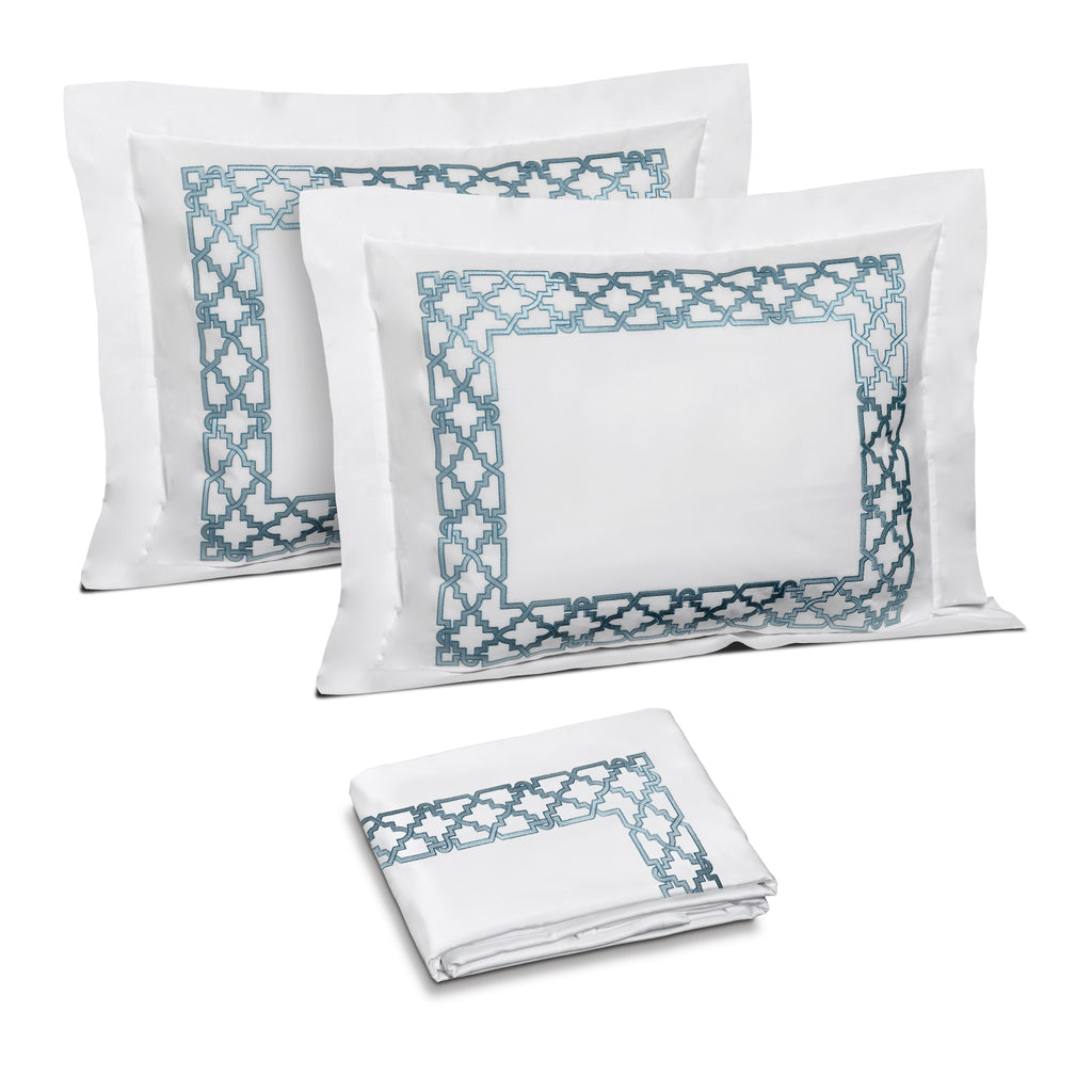 Fretwork Duvet Cover and Shams with Aquamarine Embroidery