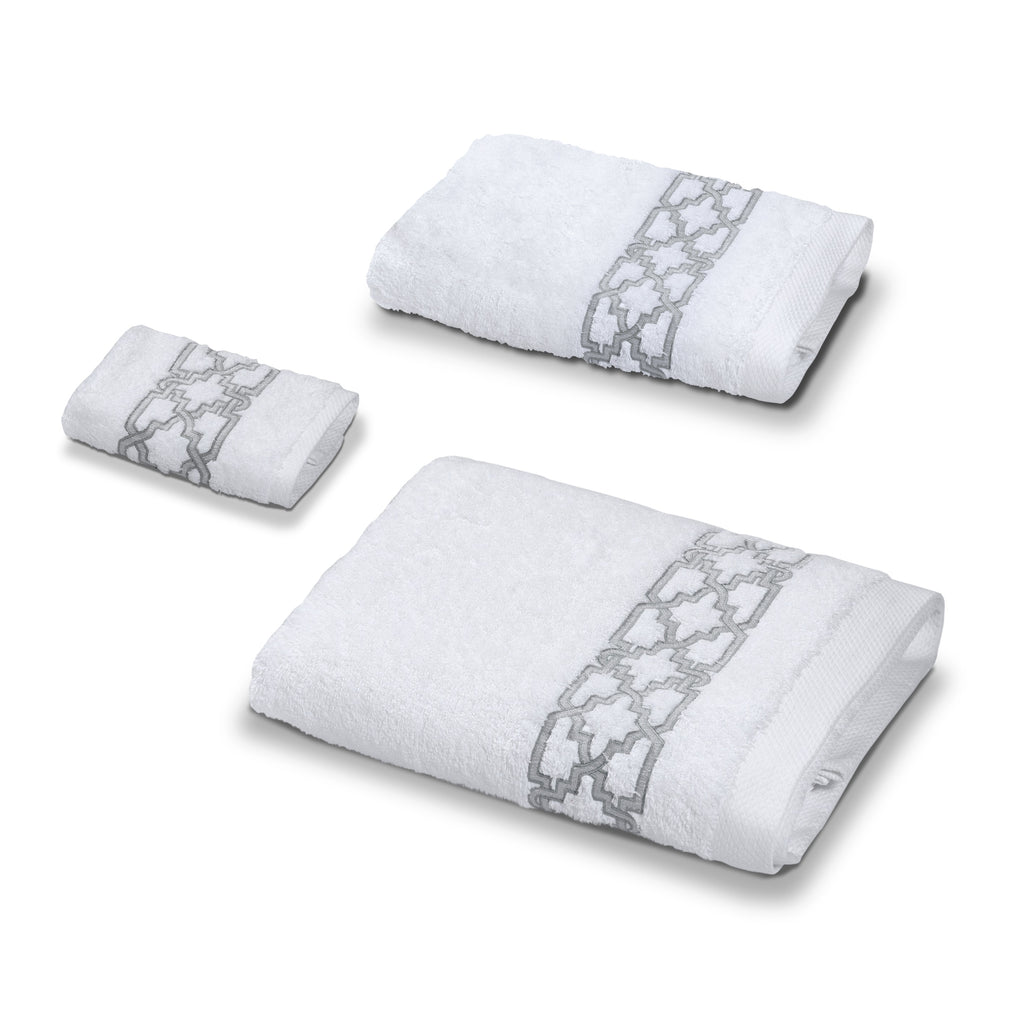 Fretwork Towel Set (Washcloth, Hand towel and Bath towel) with Silver Grey Embroidery