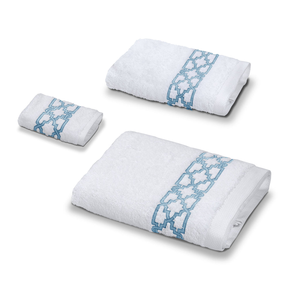 Fretwork Towel Set (Washcloth, Hand towel and Bath towel) with Aquamarine Embroidery