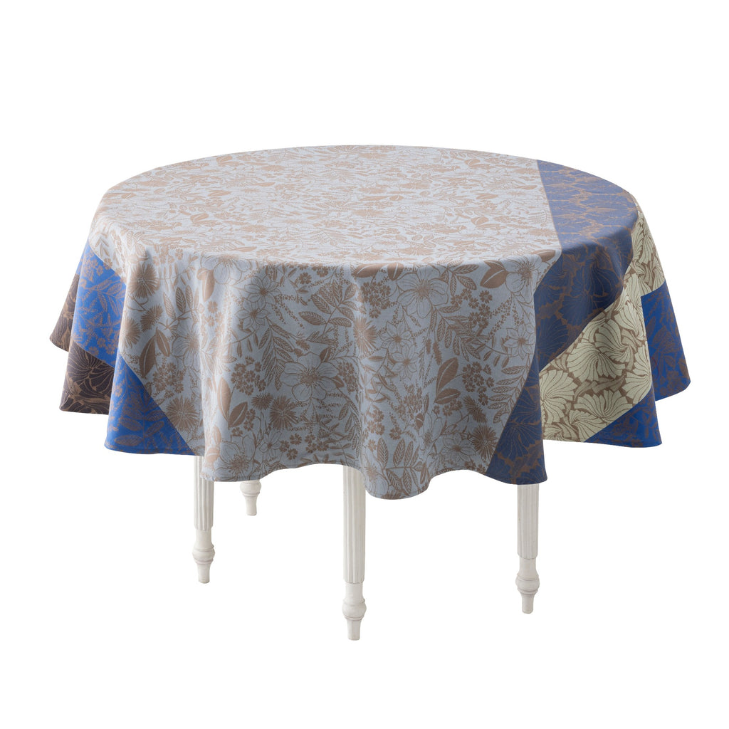 Cottage Blue tablecloth shown on round  table