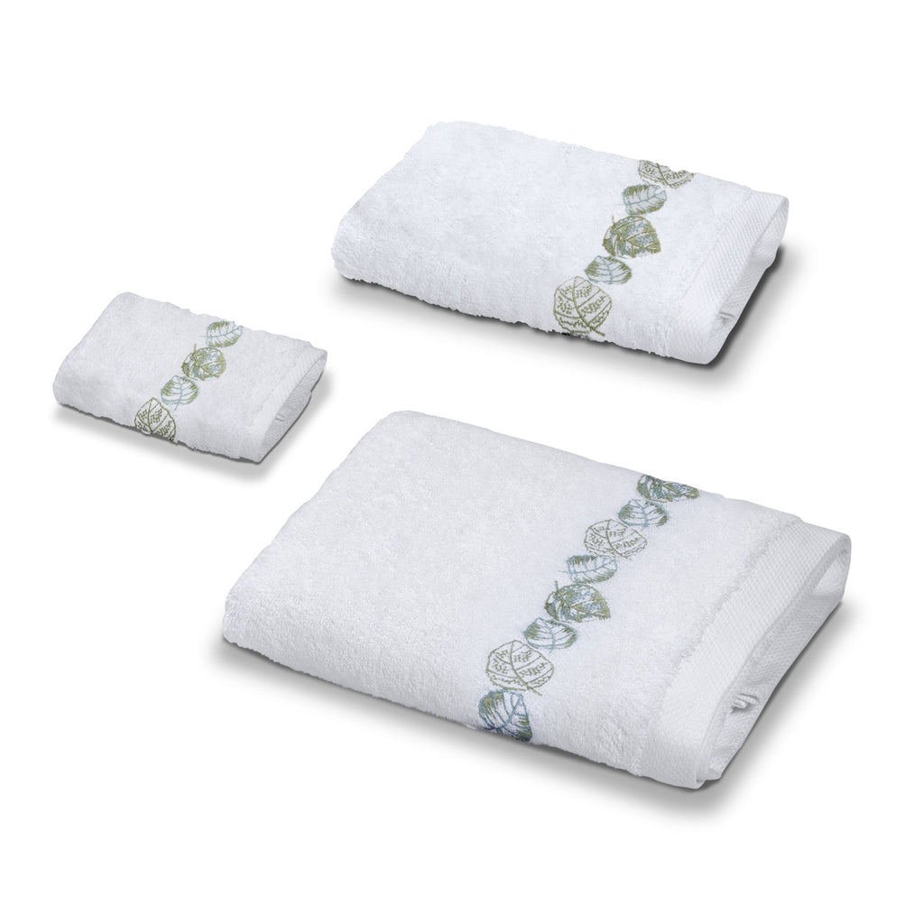 Feuillage Towel Set (Washcloth, Hand Towel and Bath Towel) with Sage Green Embroidery