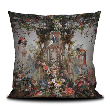 Paradise cushion cover printed on velvet with black piping finish.