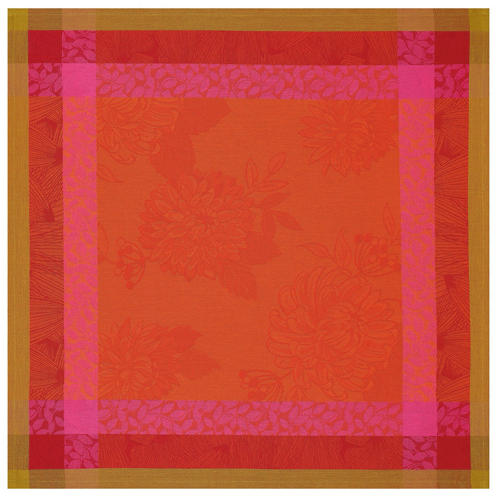 Parfums de bagatelle Nasturtium napkin woven with tone on tone flowers in bright orange and with pink and orange borders.