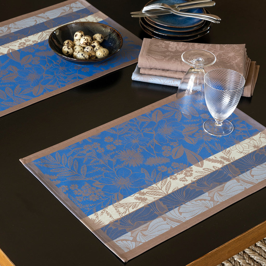 Cottage Blue Rectangle Placemat on the table with glasses and dinner wear 
