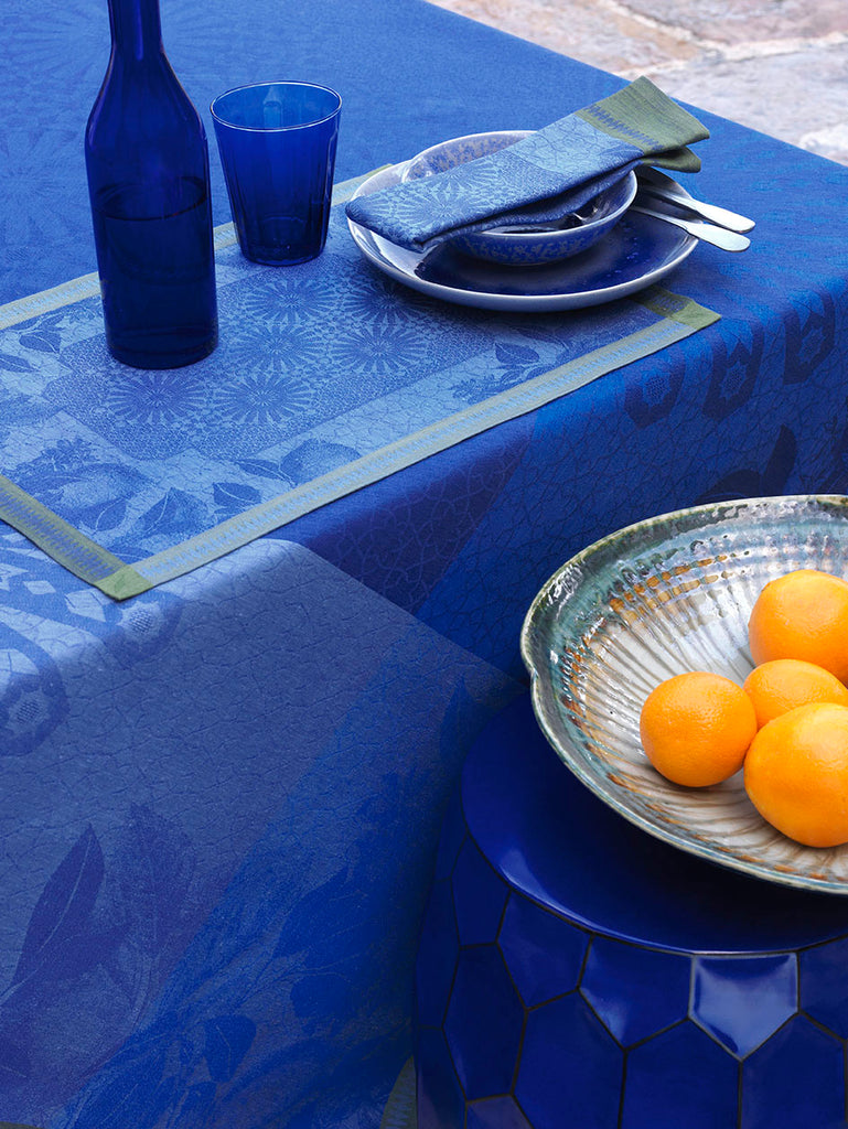 LJF Jardin D'Orient Blue placemat on tablecloth