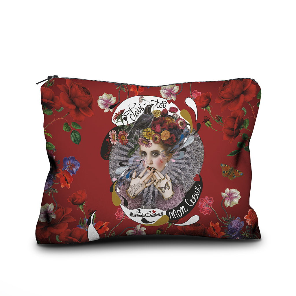 Tais Toi Mon Coeur accessory case printed on velvet on both sides and finished with gold zip and interior lining.