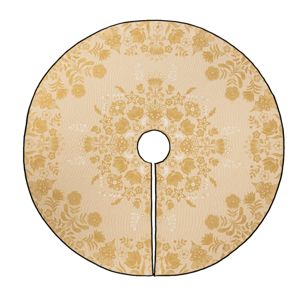 Round soft golden tree skirt with gold floral pattern