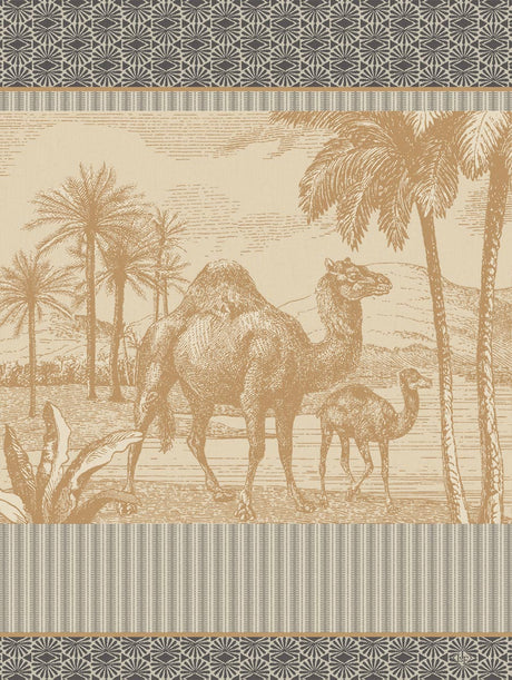 100% cotton jacquard tea towel that has a symmetrical patterned border framing two camels in the desert. The tea towel is beige and grey colours.