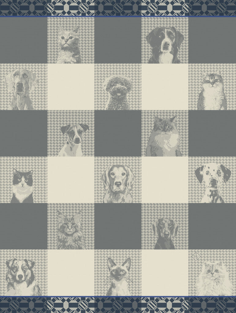 Truffes Grey Tea Towel with dogs and cats 