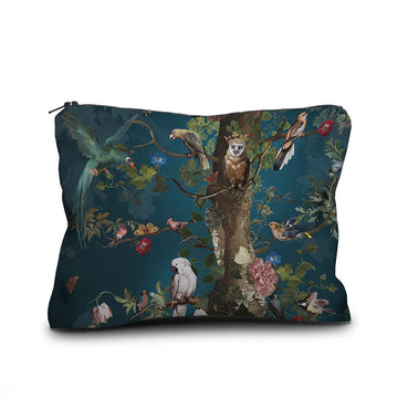 Velvet accessory case with whimsical painting of tree covered in varied birds and butterflies