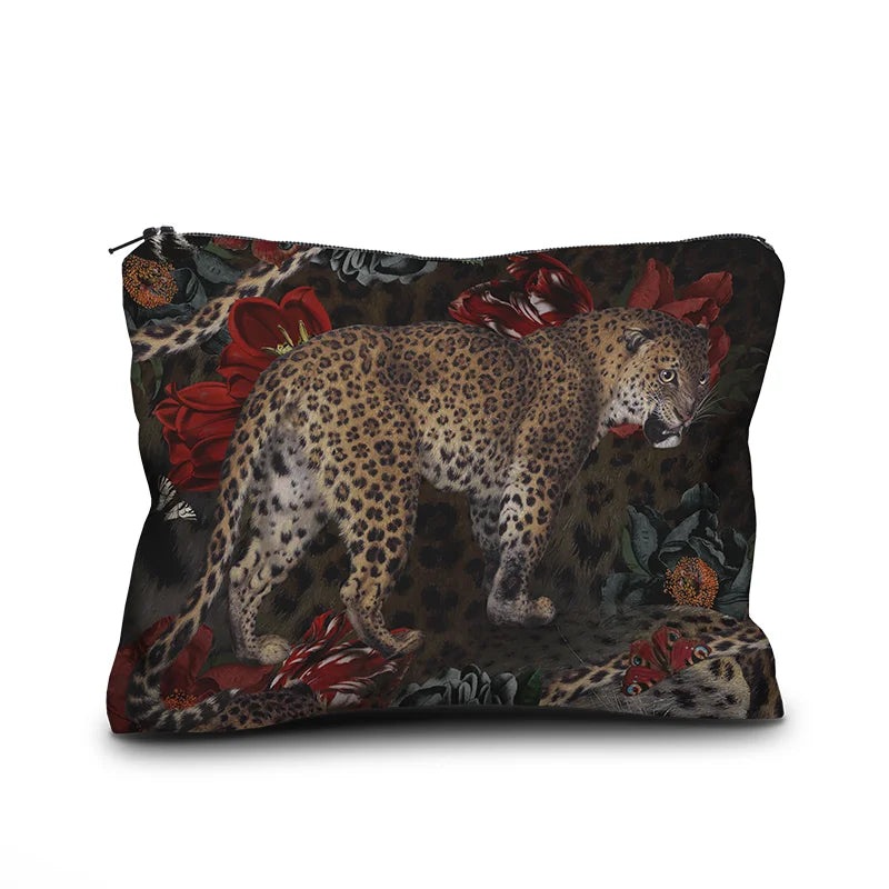 Accessory case with classical painting of leopard against flowers