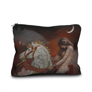 Velvet accessory case with reworked classical painting of Lady Godiva on a white horse by moonlight, covered in tattoos