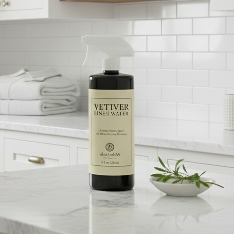 Vetiver Linen Spray on the counter of the laundry room