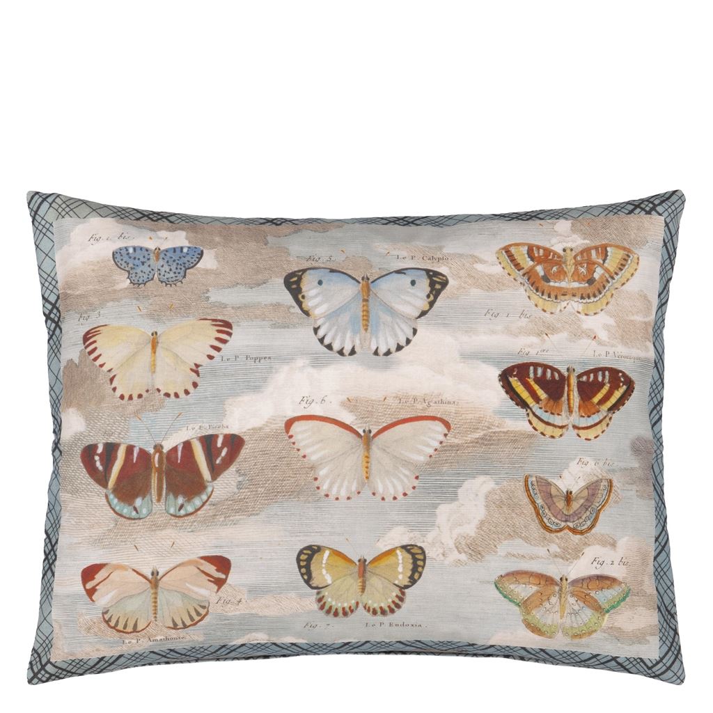 Butterfly Studies Parchment Decorative Pillow - front showing three rows of butterflies against a soft cloud background and with a blue and black plaid border