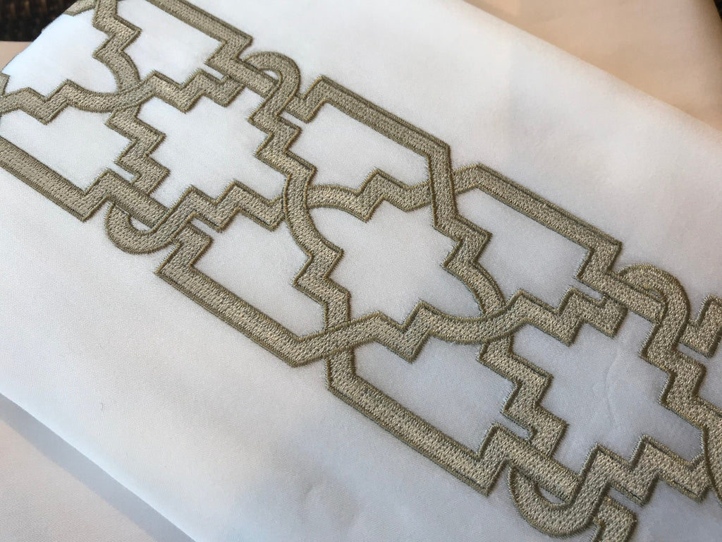 Fretwork Embroidery King Duvet Cover Close Up in White/ Khaki 