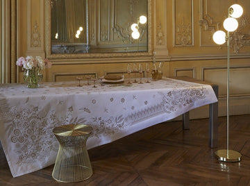 Haute Couture rectangle tablecloth with table setting and flowers in a vase 