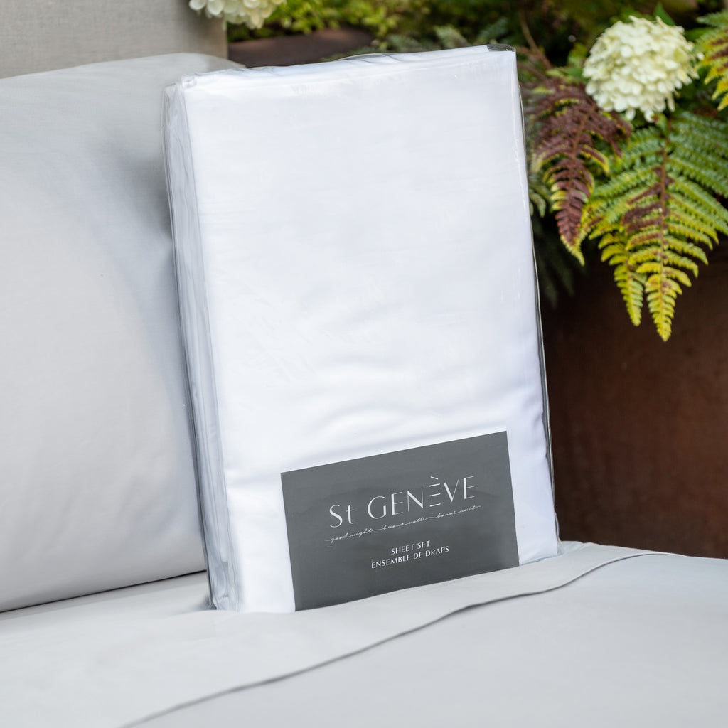 Porto White sheet set shown in packaging