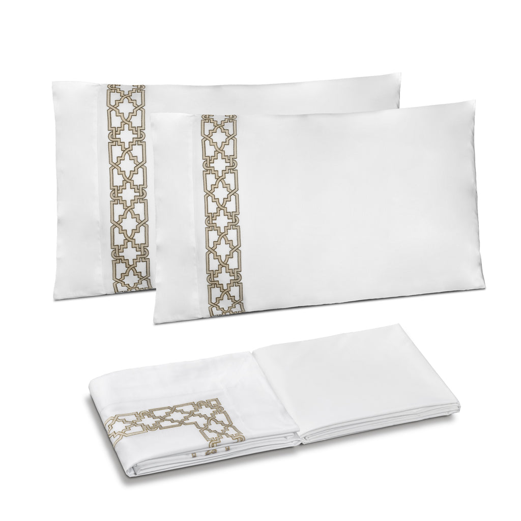 Fretwork King Sheet Set in White/ Khaki