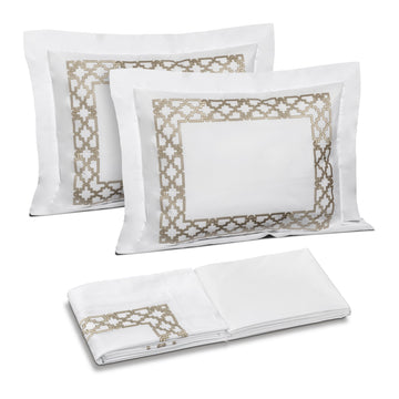 Fretwork Embroidery King Duvet Cover and Shams Set in White/ Khaki